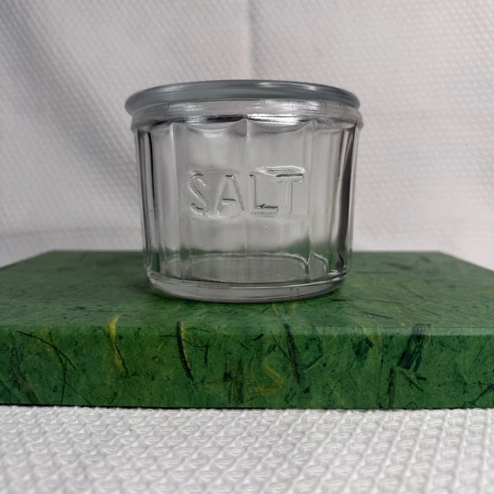 Vintage Clear Pressed Glass Salt Cellar Canister with Lid Paneled Embossed 4.25